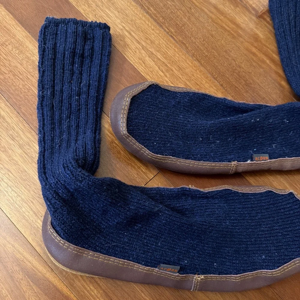 Acorn Slippers Men's Size 12-13 Navy Knit Brown Accents Pull On
